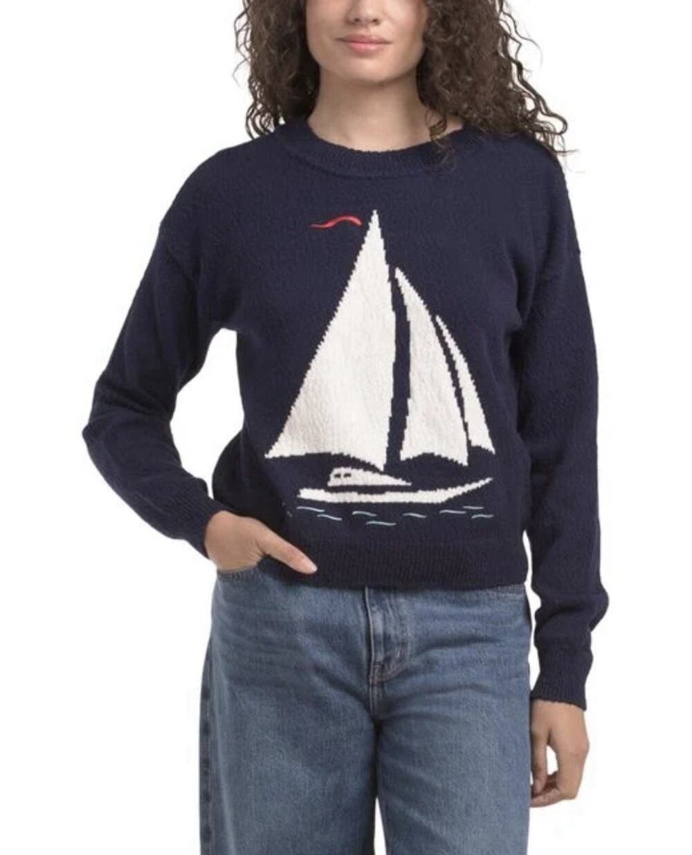 Marled Women’s Nautical Sailboat Crewneck Pullover Sweater Navy Preppy Vibe - L